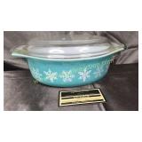 Turquoise Pyrex snowflake casserole with lid