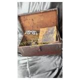 Wooden top box with art supplies, stencils and