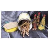 Vintage tin with clothes pins, party horns and