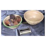 Small enamel ware and stoneware bowls with wooden