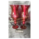 Pair of etched cranberry bird candle holders