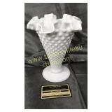 Hobnail milk glass ruffled vase