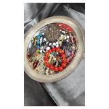 Assorted costume jewelry in silverplate bowl-