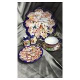 Blue geisha girl Parasol pattern bowl, cup and