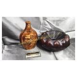 Brown pottery spittoon and bottle