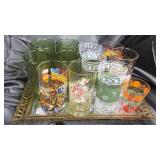 12 misc vintage glasses on mirrored tray