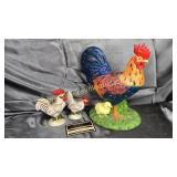 Rooster tea light and pair of chicken figurines