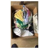 Box of linens, scarves, vintage fabric
