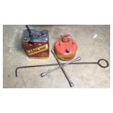 Lug wrench, fire poker and fuel cans