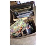 2 boxes pictures and frames