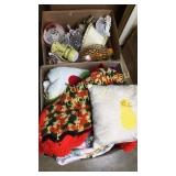 2 boxes glass, linens and other