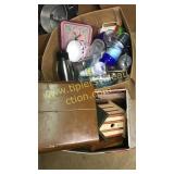 2 boxes with waste baskets glasses, birdhouse and