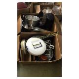 2 boxes of cookware & household items