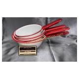 Set of 4 red/white enamel ware pans