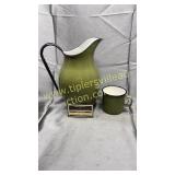 Green enamel ware pitcher and cup