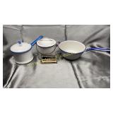 Child size blue/white enamel ware cook pots with