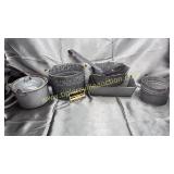 Group of gray speckled eneamel ware