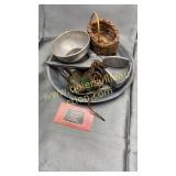 Old padlocks and others on enamel ware pie pan