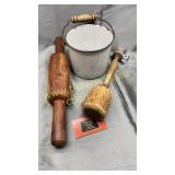 Old dough roller and masher in enamel ware pail