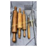3 vintage rolling pins and masher