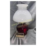Ruby oil lamp with milk glass hobnail shade