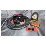 Vintage brass clock, cigarette case, cranberry