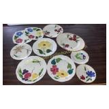 10 glazed pottery hand painted plates, saucers,
