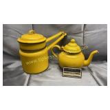 Yellow enamel ware teapot and double boiler