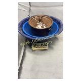 Enamel ware colander, bowls and brown pot