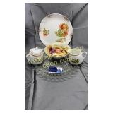 Hand painted cream/sugar/bowl, plate and glass