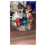 Pottery angels, cranberry, blue, sugar bowl on