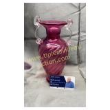 Cranberry art glass vase with clear applied