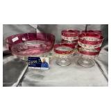 Cranberry and clear kings crown bowl and 7