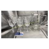 Etched crystal pitcher and 6 stems