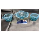 Small blue Fenton opalescent hobnail cream/sugar