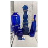 Cobalt decanter, vase, bottles