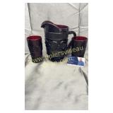 Ruby red cape cod pitcher and 2 tumblers