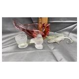 Art glass birds, alligator and 3 face