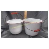 White and red enamel buckets