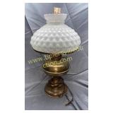 Converted oil lamp with satin glass shade