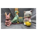 Vintage goose, cat and rabbit planters