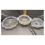 4 moonstone dishes- one of handles on bottom dish