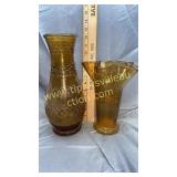2 vintage amber art glass vases