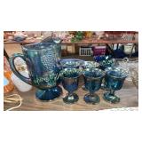Blue carnival pitcher and 6 goblets