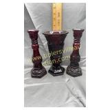 Ruby red cape cod vase and candle stands