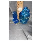 Blue art glass owl and blue jelly jar