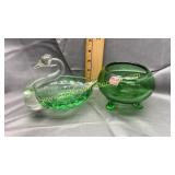 Green art glass swan and Viking footed candy dish