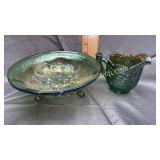 Green carnival footed bowl and creamer