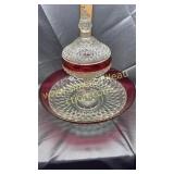 Cranberry and clear diamond point bowl and candy