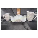 Milk glass hobnail dish with 2 creamers